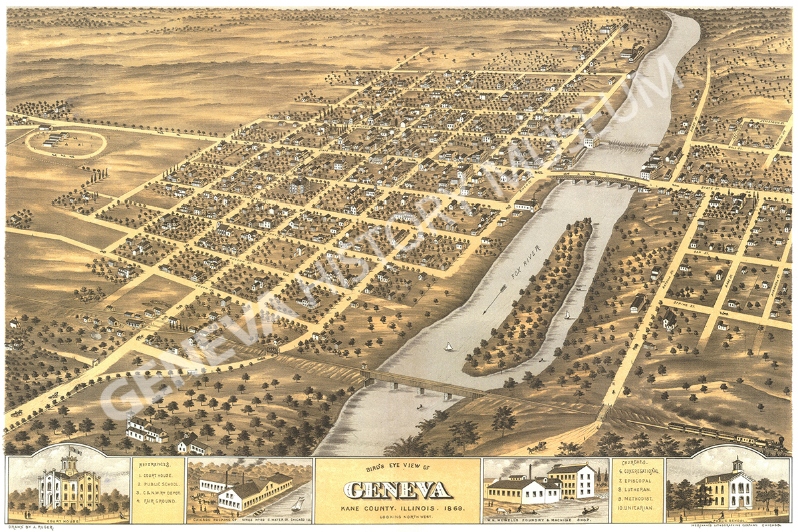 Product Description: Bird's Eye View Map of Geneva, 1869, looking northwest. Created and published by A.Ruger & Merchant's Lithographing Company, Chicago.</br></br>NOTE: for sizes 8 x 10, 11 x 14, and 16 x 20 prints will have significant white border on top and bottom.</br></br>Available Sizes:</br></br>8 x 10 = $20.00; 11 x 14 = $30.00; 16 x 20 = $40.00; 20 x 30 = $55.00; 24 x 36 = $65.00</br></br>In-store pickup is free. Shipping is available.</br> No. 2 - Bird's Eye View Map of Geneva, 1869