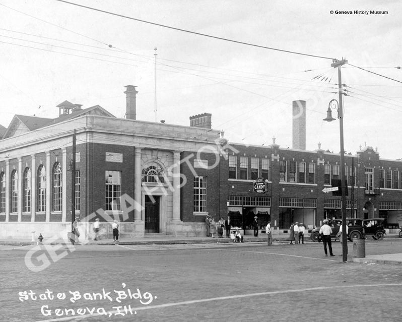 Product Description: Circa 1930's, State and Third Streets looking southwest showing the south side of the 300 block of West State Street, including 302 West State Street, formerState Bank of Geneva Building and Unity Building.</br></br>Available sizes:</br></br>8 x 10 = $20.00; 11 x 14 = $30.00; 16 x 20 = $40.00; 20 x 30 = $55.00; 24 x 36 = $65.00</br></br>In-store pickup free. Shipping available.</br> No. 8 - State and Third Streets, Circa 1930s
